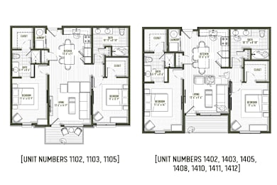 A floor plan of an apartment complex with two different unit layouts.