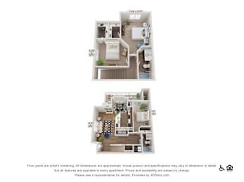 Two floor plans of an apartment with dimensions and furniture layout.