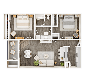 A top-down view of a room with two beds, a couch, a dining table, and various decorative items.