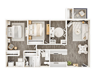 A top-down view of a room layout with a kitchen, living room, and bathroom.