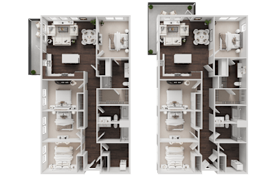 Two images of a dollhouse apartment with white furniture.