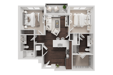 A top-down view of a well-organized apartment layout.