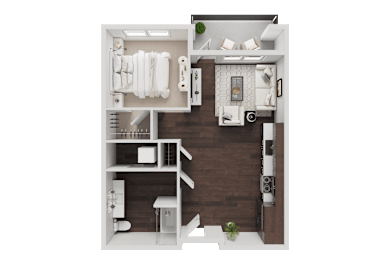 A top-down view of a small, neatly organized apartment with a kitchen, living room, and bathroom.