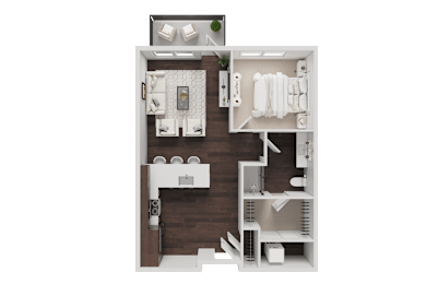 A floor plan of a small apartment with a kitchen, living room, and bathroom.