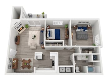 A 3D floor plan of a small apartment with a living room, kitchen, and bedroom.