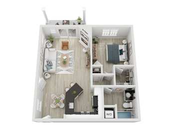 A top-down view of a small apartment with a kitchen, living room, bedroom, and bathroom.