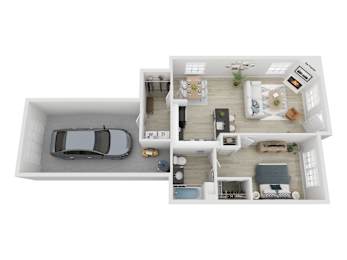 A top-down view of a modern house interior with a car parked in the driveway.