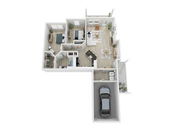 A top down view of a house with a car in the garage.