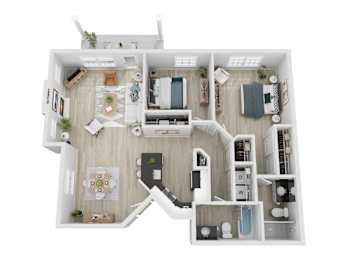 A 3D floor plan of a house with a kitchen, living room, and bathroom.