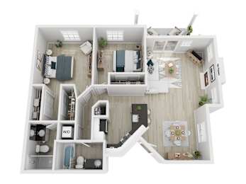 A 3D floor plan of a house with labeled rooms.