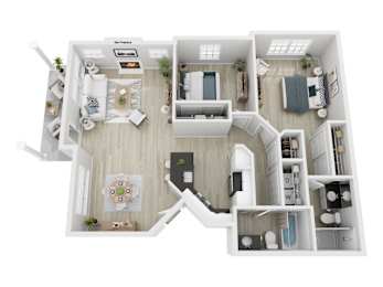 A top-down view of a house layout with a living room, kitchen, and bedrooms.