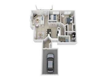 A top down view of a house with a car in the garage.