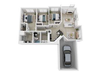 A top-down view of a house layout with a car parked in the driveway.