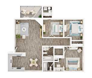 A floor plan of a house with a kitchen, living room, and bathroom.