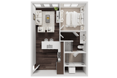 A small, neatly organized bathroom with a toilet, sink, and towel rack.