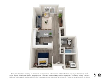 a stylized floor plan of a 1 bedroom apartment