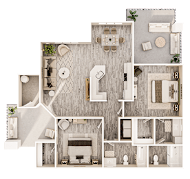 A top-down view of a house layout with a living room, kitchen, and bathrooms.