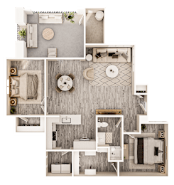 A detailed 3D floor plan of a house layout.