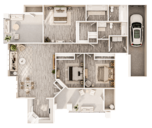 A top-down view of a house layout with a car parked outside.