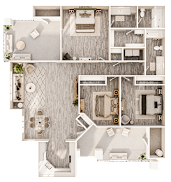 A floor plan of a house with a kitchen, living room, dining room, and bathrooms.