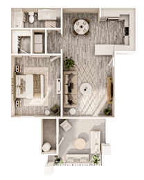 A top-down view of a modern apartment layout.
