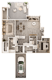A floor plan of a house with a garage and a car.