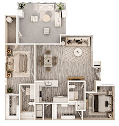 A floor plan of a house with a kitchen, living room, and bedrooms.
