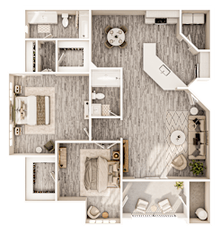 A top-down view of a house layout with a living room, kitchen, and two bedrooms.