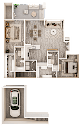 A floor plan of a house with a garage and a car.