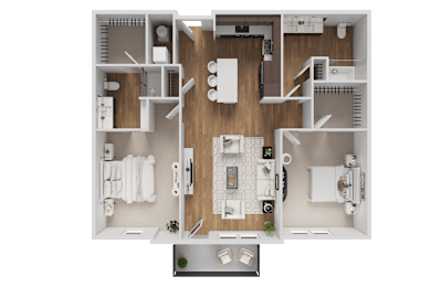 A 3D floor plan of a house showing a kitchen, living room, and two bedrooms.