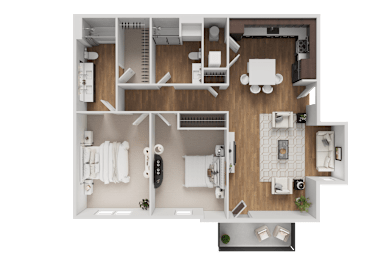 A top-down view of a modern apartment layout with a kitchen, living room, and bedrooms.
