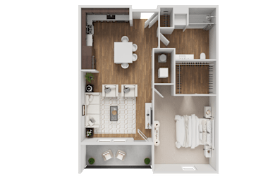 A detailed 3D floor plan of a small apartment.
