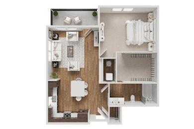 A detailed 3D floor plan of a small apartment layout.
