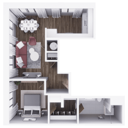 a 3d floor plan of a living room with a bedroom