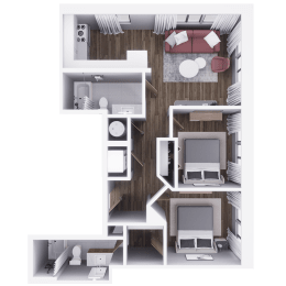 a 3d floor plan of a bedroom with a living room and dining room