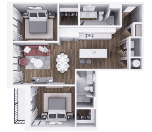 a 3d rendering of a bedroom with a living room and dining room