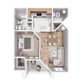 A top-down view of a small apartment with a kitchen, living room, and bathroom.