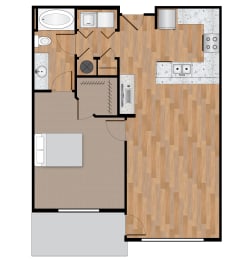 a floor plan of a small apartment with wood flooring