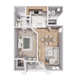 A top-down view of a modern apartment layout.