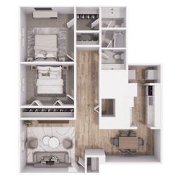 A top-down view of a modern apartment layout with a living room, kitchen, and two bedrooms.