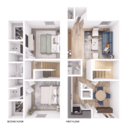 a 3d rendering of a bedroom and a living room with different floor plans