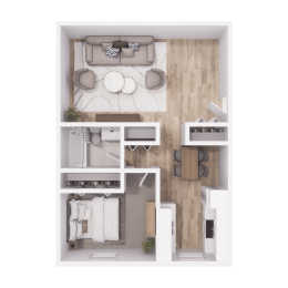 a 3d floor plan of a bedroom with a living room and a dining room