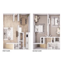 A floor plan of a two-story apartment with a first and second floor.