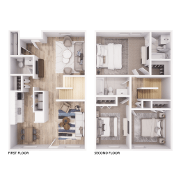 a 3d rendering of two floor plans of a home with different layouts of rooms