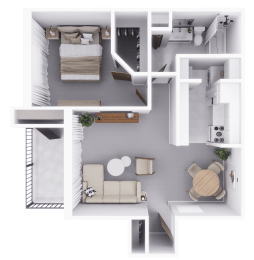 a stylized floor plan of a house with a bedroom and a living room