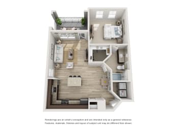 a stylized floor plan with a bedroom and living room