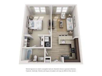 a stylized floor plan with a bedroom and a living room