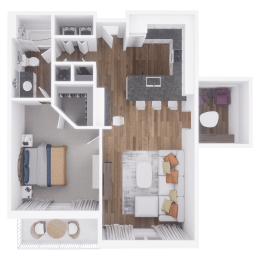 a furnished floor plan of a 1 bedroom apartment