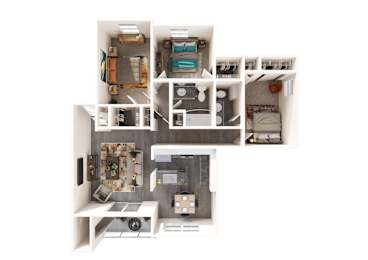 a 3d floor plan of a house with a bedroom and a kitchen