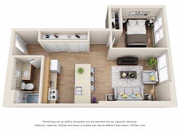 a rendering of a 1 bedroom floor plan with a bathroom and a living room